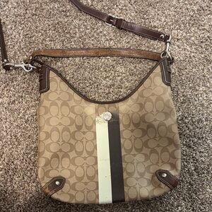 Coach Khaki Canvas Hobo with Brown Trim and Center Stripe